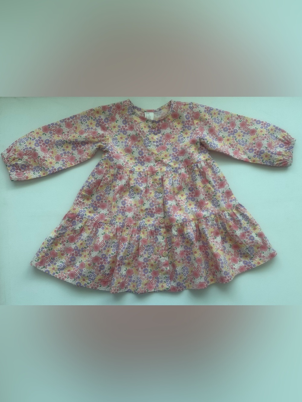 H&M girl’s Pink Multi Floral Tiered Long-Sleeve Dress. Size 12M.